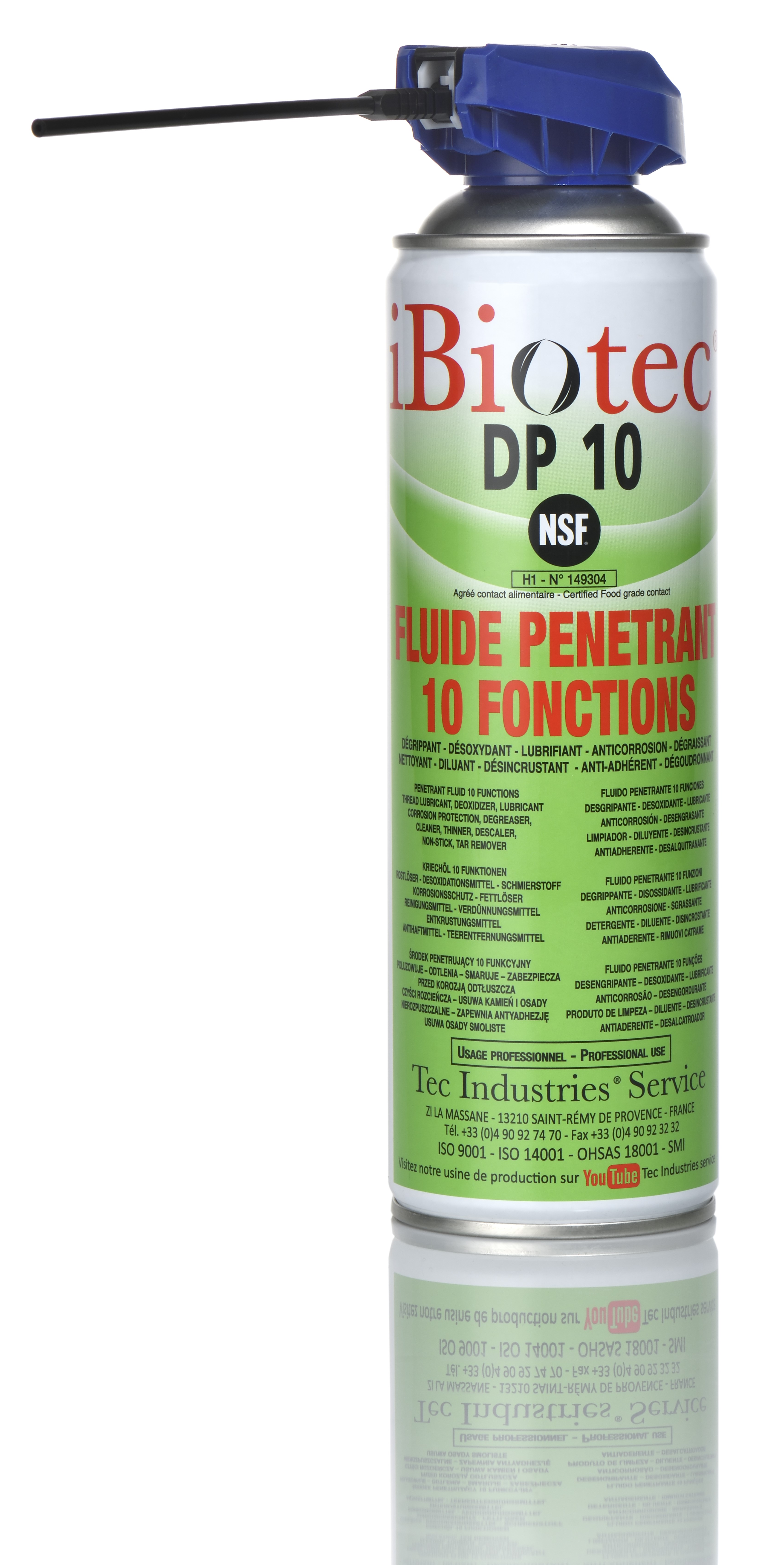 Fluide pénétrant, désoxydant 10 Fonctions, agréé NSF H1, diffuseur non amovible, indissociable HACCP, BRC8, IFS. Maintenance industrielle y compris en industries agro alimentaires. super degrippant 10 fonctions. biodegradable. certifie alimentaire NSF. tres faible tension superficielle pour un temps d'action immediat. propulseur ininflammable. aerosol degrippant - aerosol degrippant 10 fonctions - fluide penetrant degrippant - degrippant super actif aerosol degrippant ibiotec - degrippant desoxydant lubrifiant anticorrosion nettoyant - aerosol desoxydant. Aerosols techniques. Aerosols maintenance. Fournisseurs aérosols. Fabricants aérosols. Propulseur aerosol sans danger. Propulseur aérosol sans danger. Propulseur bombe aerosol sans danger. Produit maintenance industrielle. maintenance industrielle. maintenance agro-alimentaire. equipement détectable. produits detectables